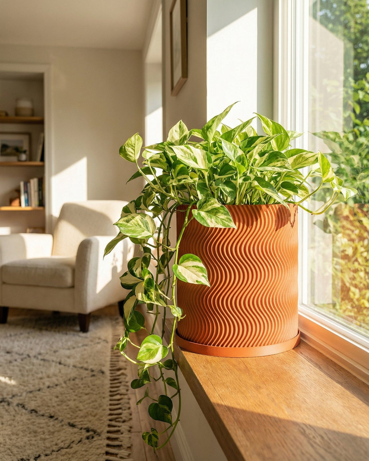A vibrant pothos plant cascades from a terracotta-colored planter with a wavy design, sitting on a sunlit windowsill.