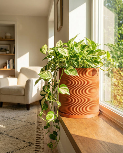 A vibrant pothos plant cascades from a terracotta-colored planter with a wavy design, sitting on a sunlit windowsill.